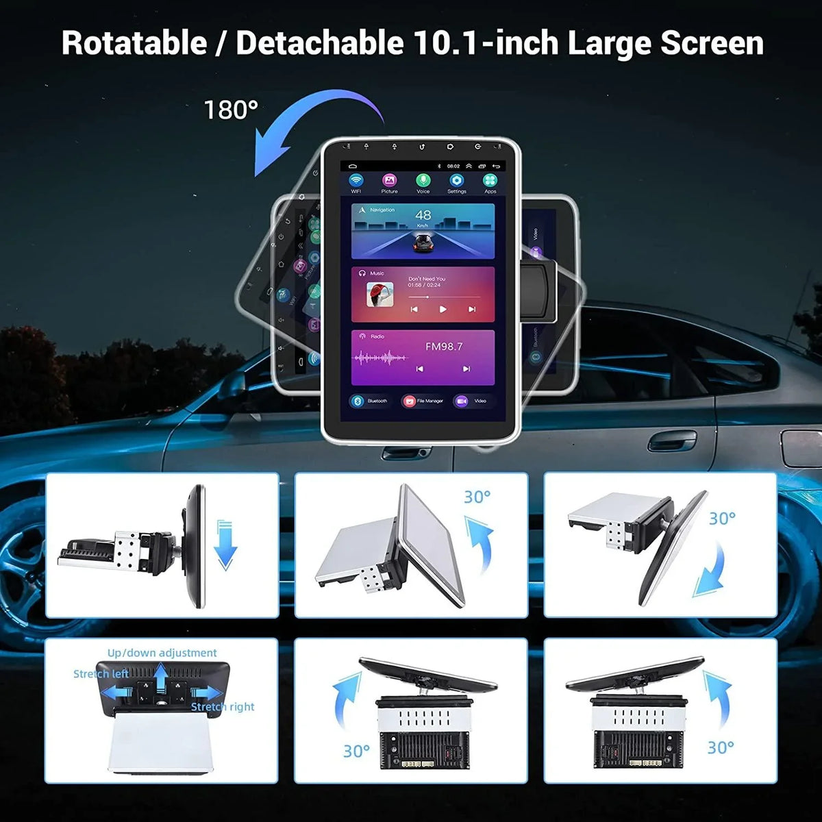 Podofo 1+16G Wireless Carplay Android Auto Single 1 Din 10.1'' Car Stereo Radio 180°Rotatable Vertical Screen Android 13 HD 1080P WIFI GPS FM Bluetooth, AHD Camera New