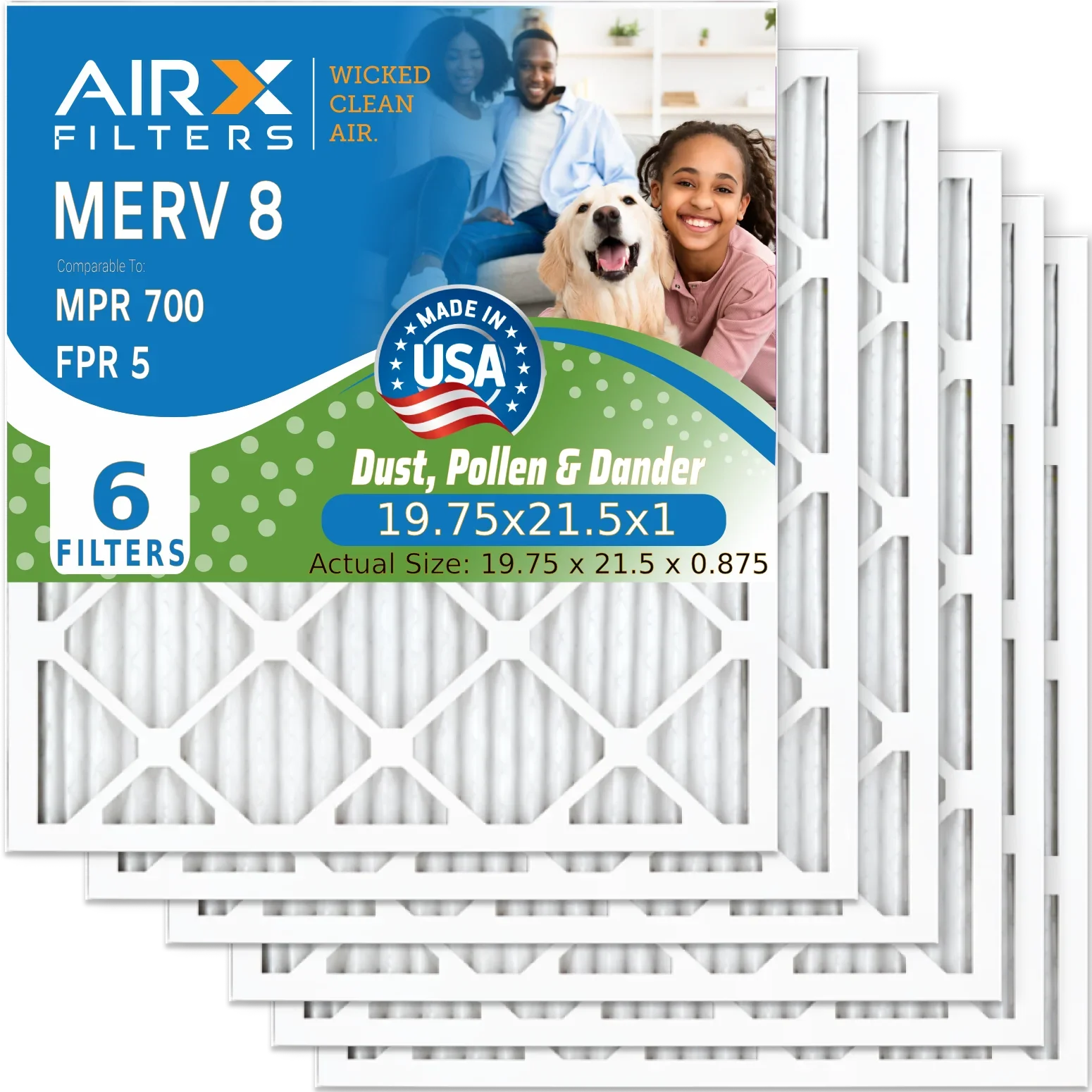 19.75x21.5x1 Air Filter MERV 8 Comparable to MPR 700 & FPR 5 Electrostatic Pleated Air Conditioner Filter 6 Pack HVAC AC Premium USA Made 19.75x21.5x1 Furnace Filters by AIRX FILTERS WICKED CLEAN AIR.