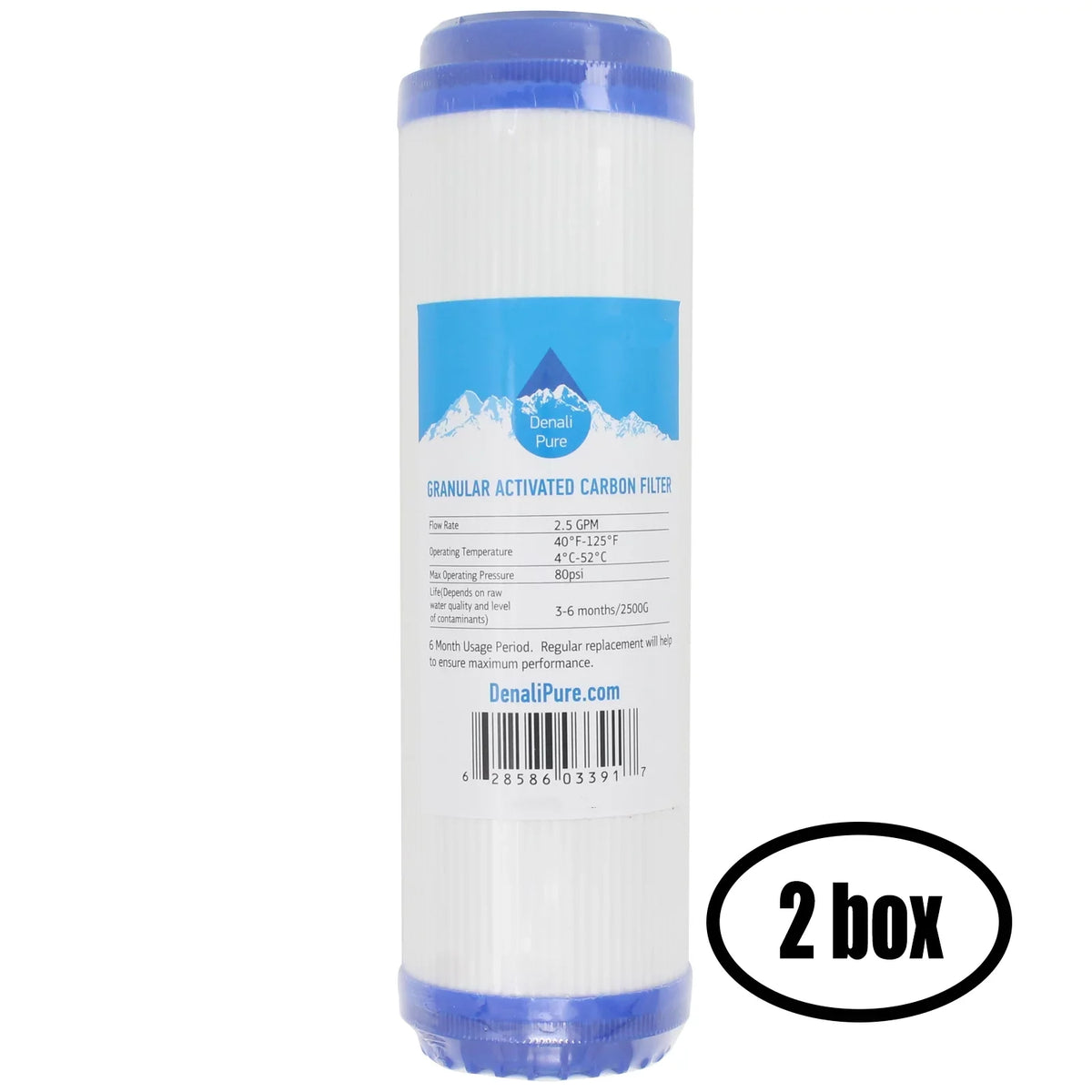 2 Boxes of Replacement for AquaFX Ballyhoo-C-DI-DI Granular Activated Carbon Filter - Universal 10-inch Cartridge for AquaFX Ballyhoo Zero Waste Water System - Denali Pure Brand