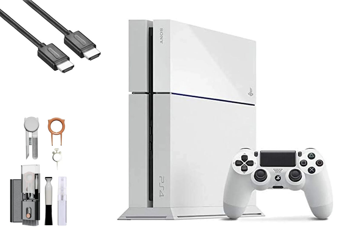 PlayStation 4 500GB Gaming Console White HDMI Cable with BOLT AXTION Cleaning Kit Bundle Like New