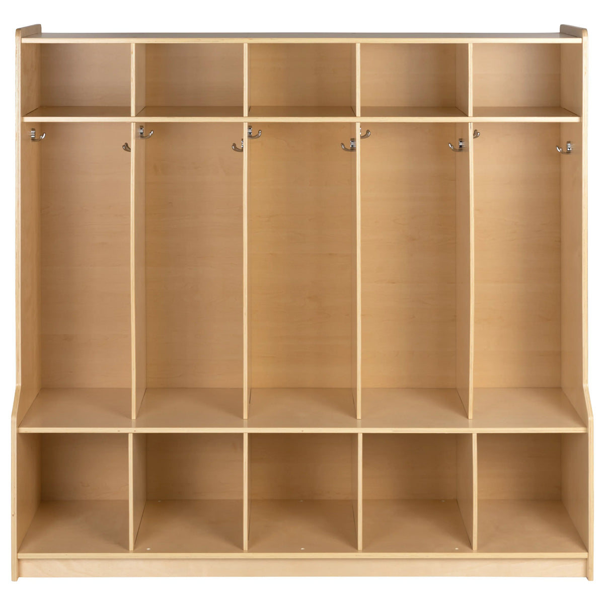 BizChair Wooden 5 Section School Coat Locker with Bench, Cubbies, and Storage Organizer Hook-Safe, Kid Friendly Design - 48"H x 48"L (Natural)