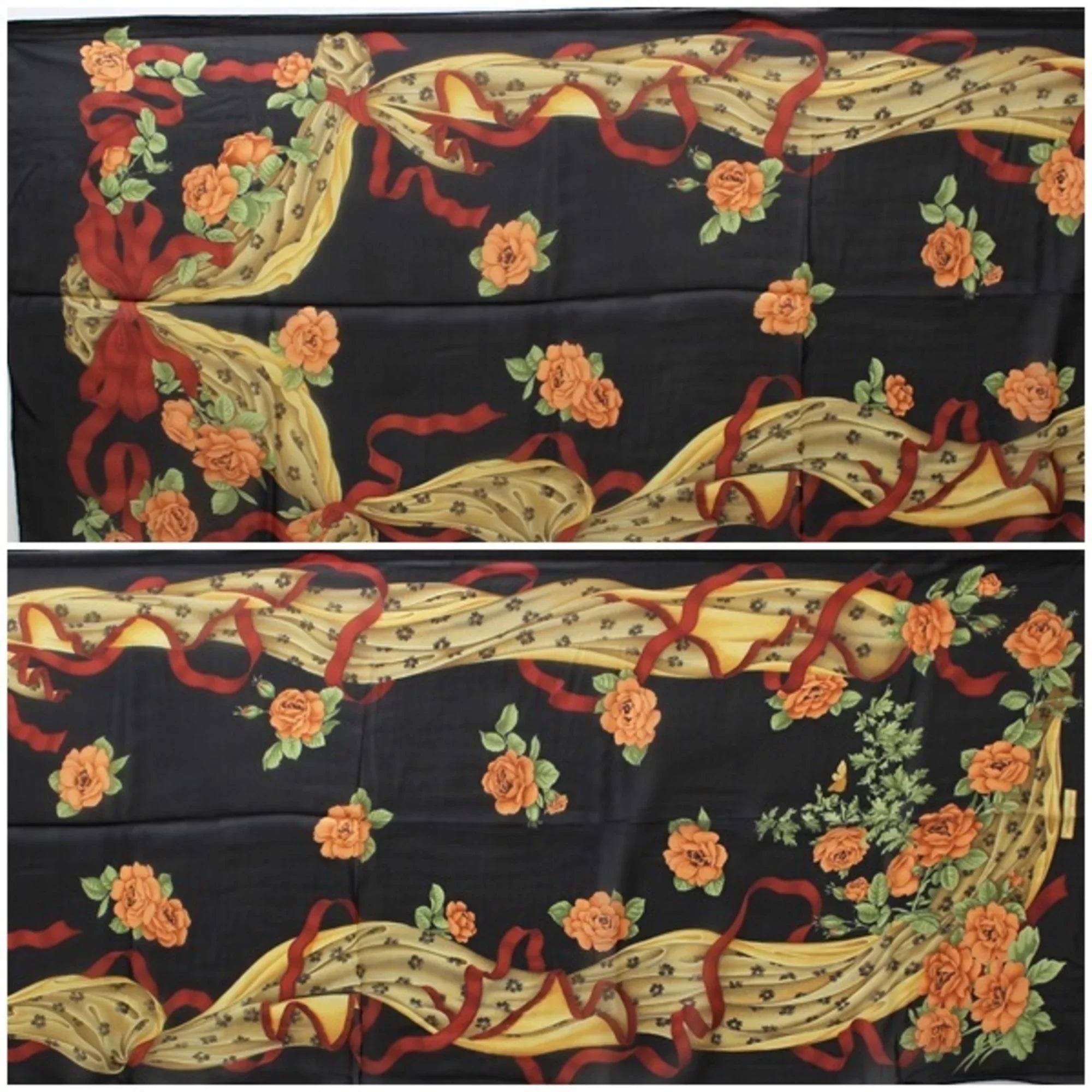 Pre-Owned Salvatore Ferragamo rectangle silk scarf muffler stole black SALVATORE FERRAGAMO ladies paper ribbon pattern (Like New)
