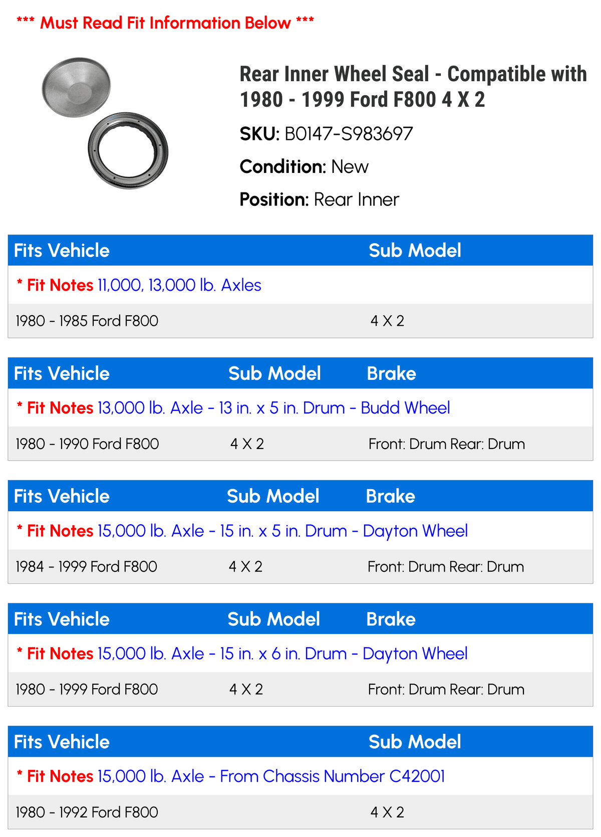 Rear Inner Wheel Seal - Compatible with 1980 - 1999 Ford F800 4 X 2 1981 1982 1983 1984 1985 1986 1987 1988 1989 1990 1991 1992 1993 1994 1995 1996 1997 1998